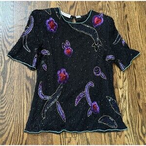 Vintage Lawrence Kazar Size‎ M Black 100% Silk Beaded Sequin Evening Top Whimsy